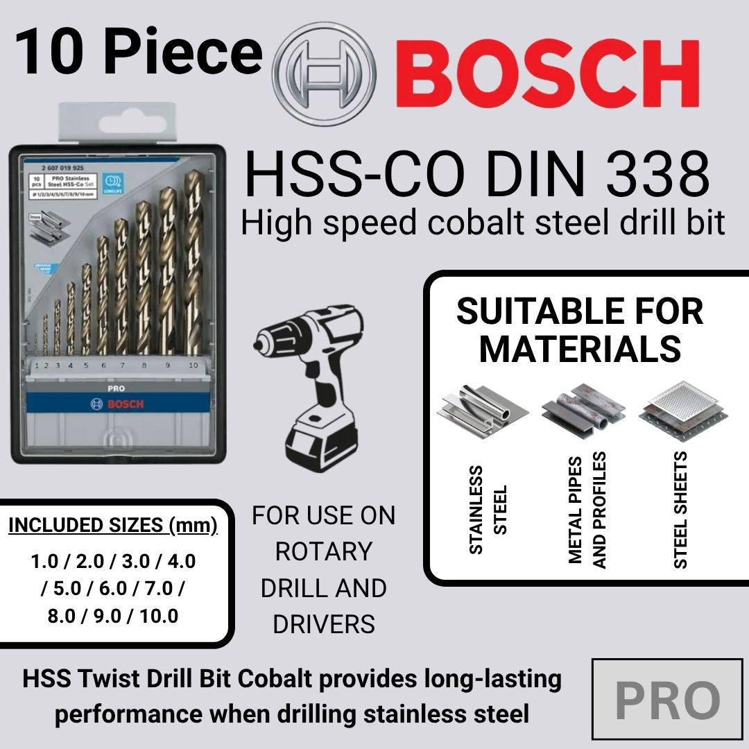 Bosch HSS-CO DIN 338 10 Piece Metal Drill Bit Set
