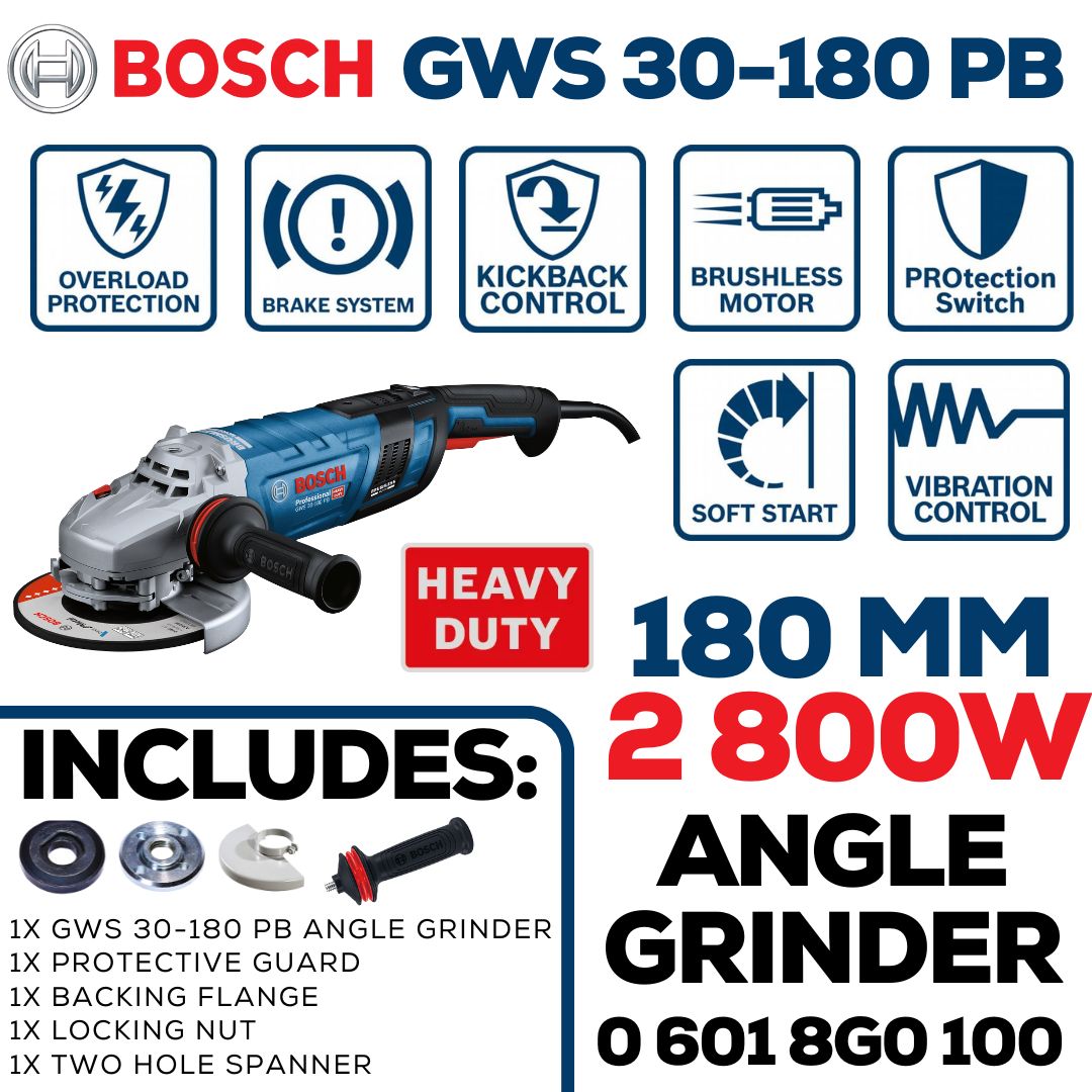Bosch 2 800W Angle Grinder 180mm | Brushless Motor | Safety Paddle Switch