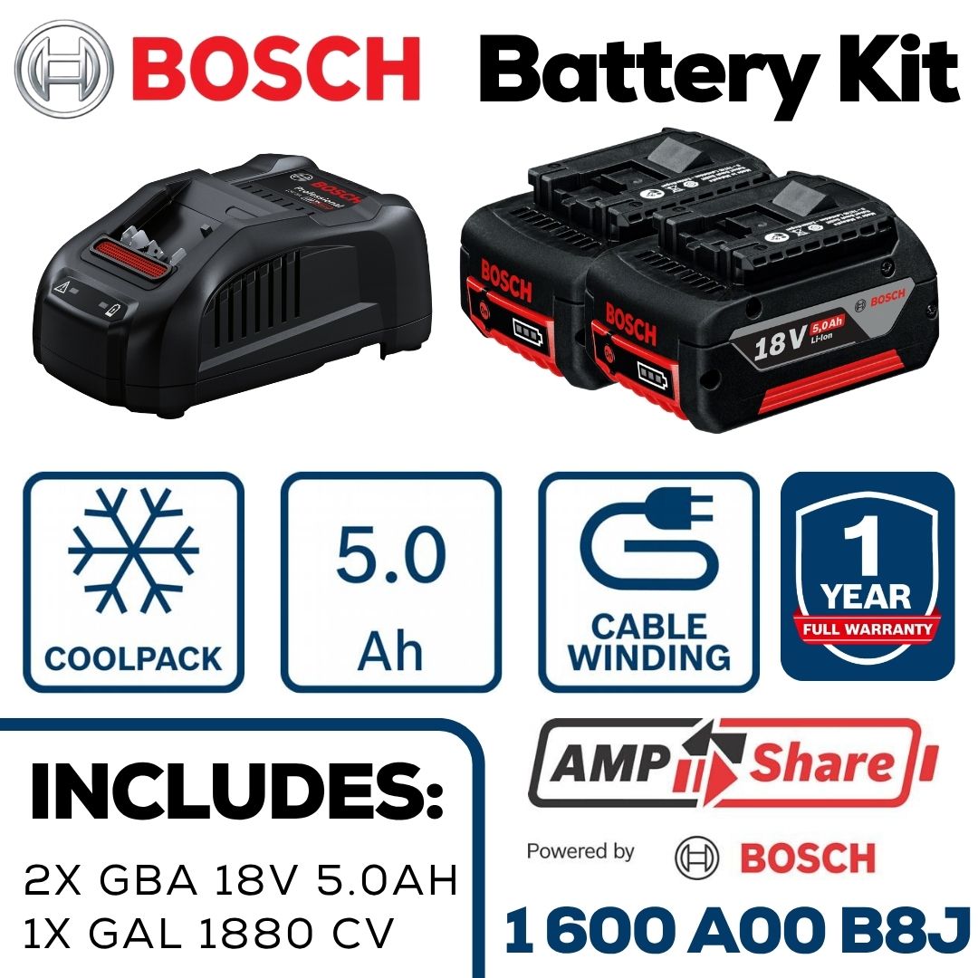 Bosch 18V 5.0Ah Battery Kit | 2x GBA 5.0Ah + GAL 1880 CV