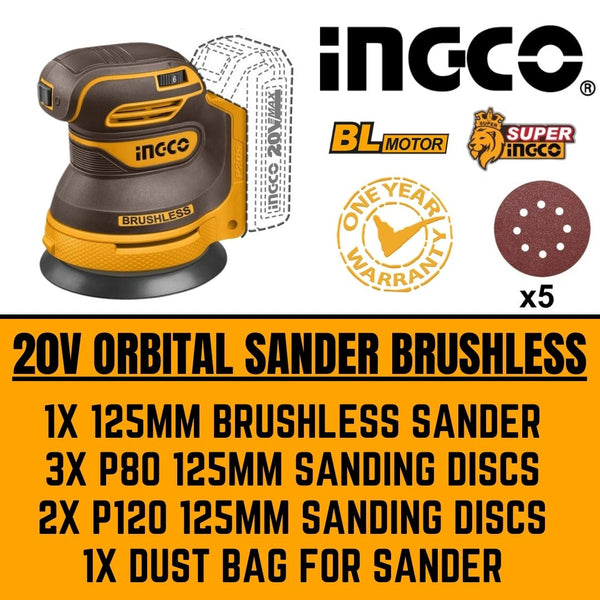 Ingco 20V Random Orbital Sander Brushless - South Africa