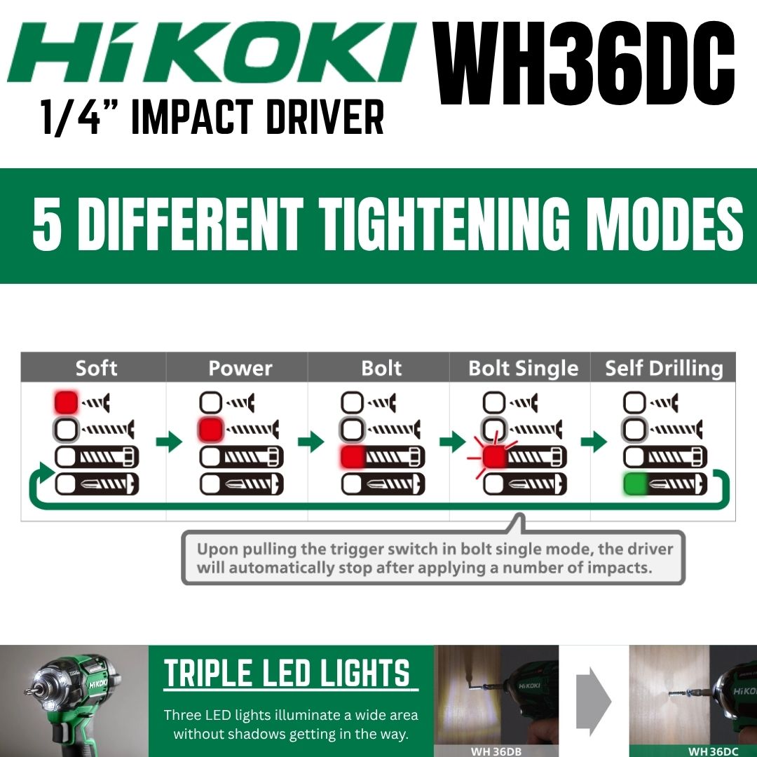 Hikoki 36V Impact Driver WH36DC (Triple Hammer) - Operating Modes