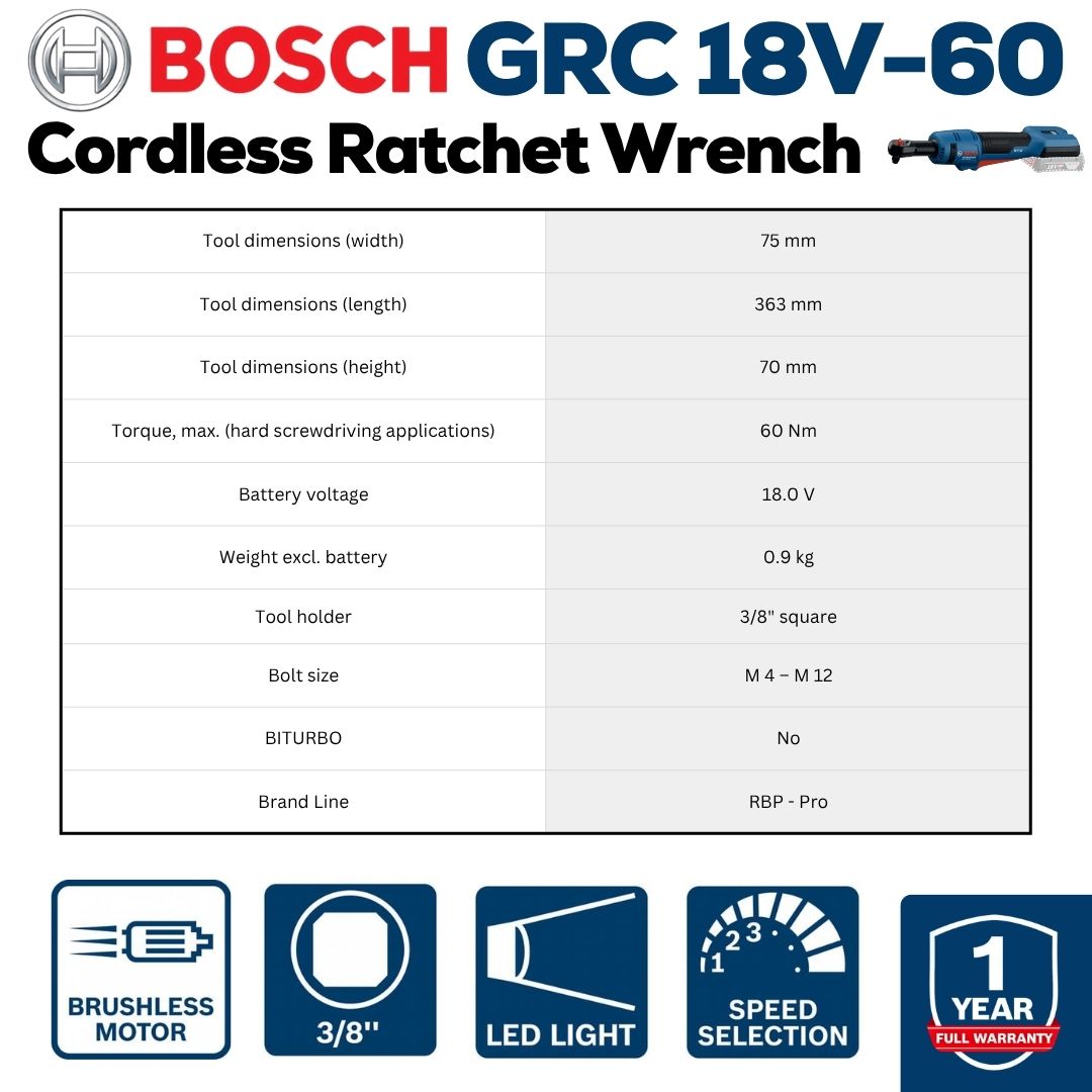 Bosch Professional Cordless Ratchet Wrench | GRC 18V-60 | Specifications