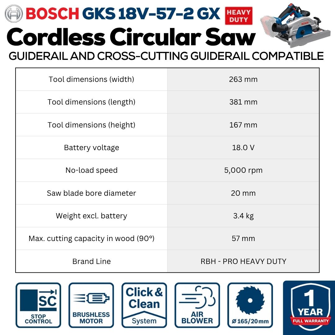 Bosch Professional Cordless Circular Saw | GKS 18V-57-2 GX | Specs