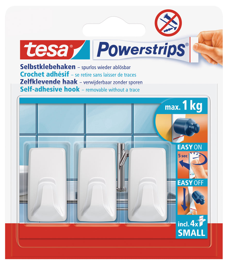 tesa Powerstrips Hooks Small Rectangular 3 Hooks/ 4 Strips White