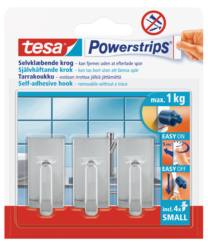 tesa Powerstrips Hooks Small Rectangular Classic 3 Hooks/ 4 Strips Chrome