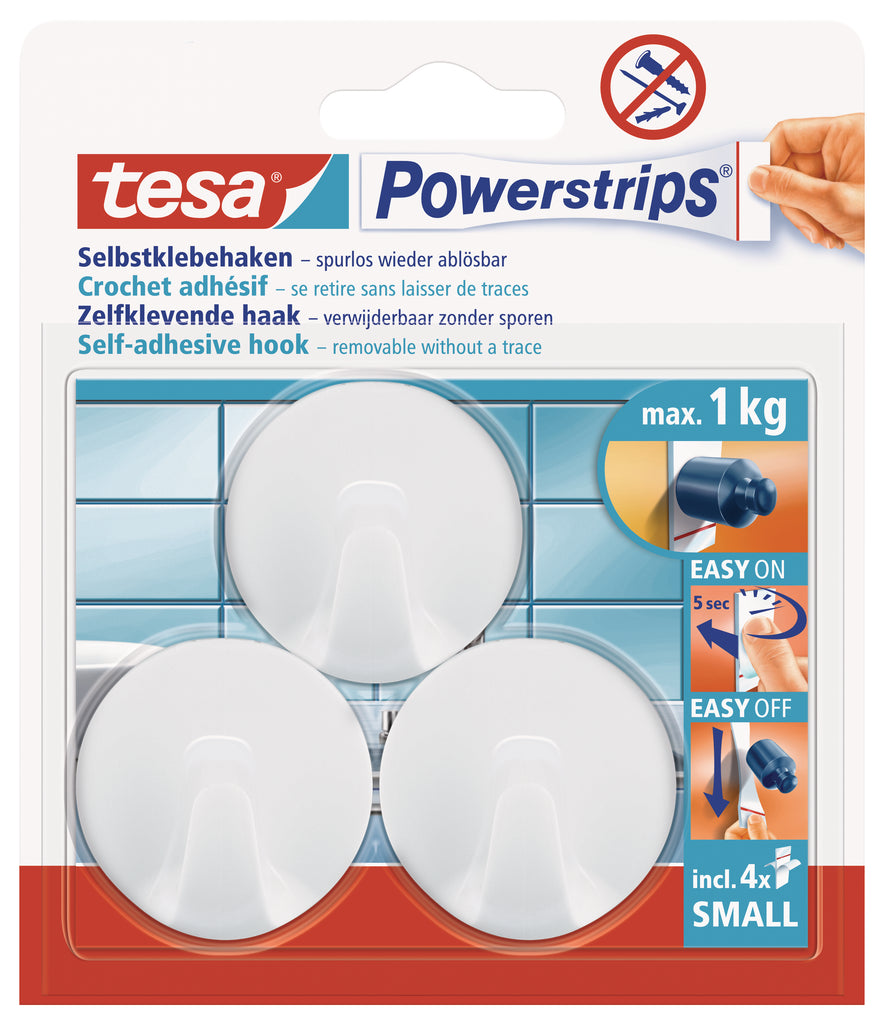 tesa Powerstrips Hooks Small Round 3 Hooks/ 4 Strips White