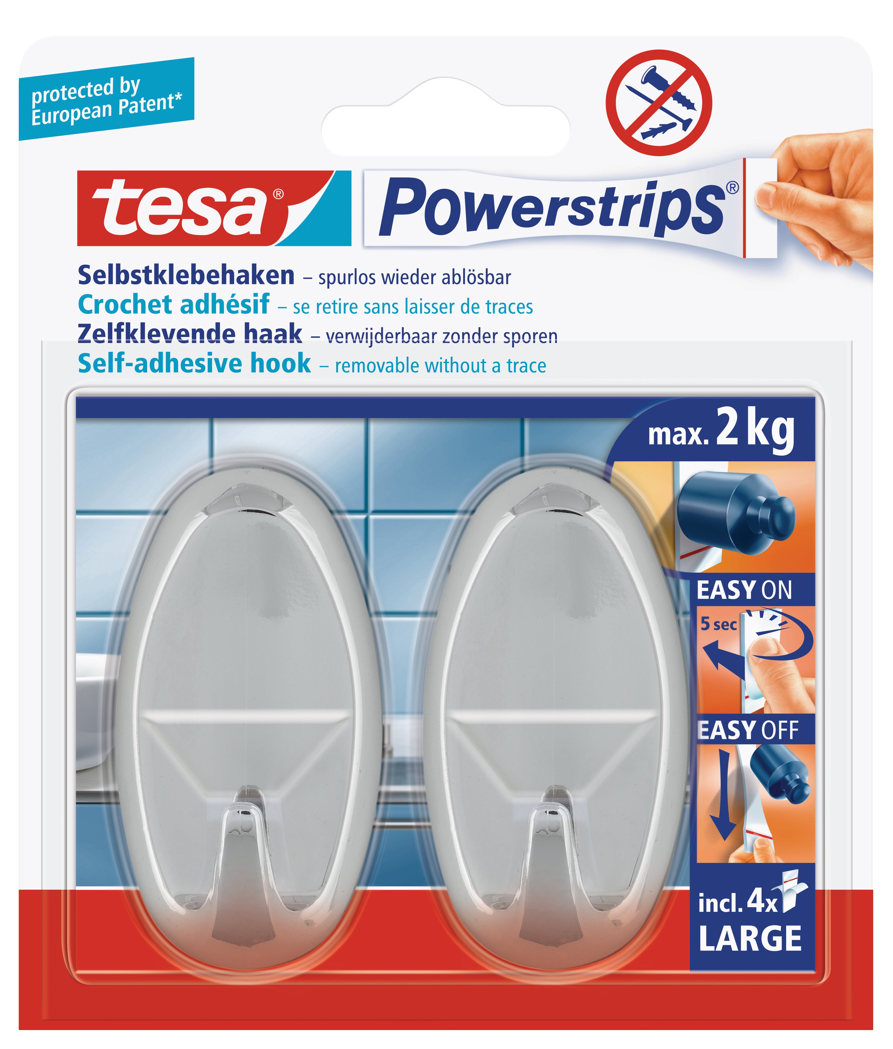 tesa Powerstrips Hooks Large Oval 2 Hooks/ 4 Strips Chrome