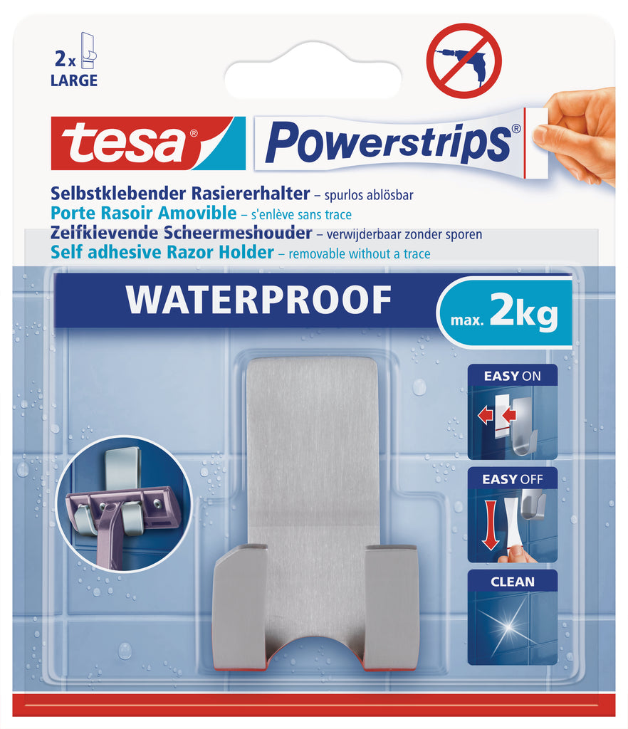 tesa Powerstrips Waterproof Razorholder metal 1  Hook/ 2 Strips Stainless Steel