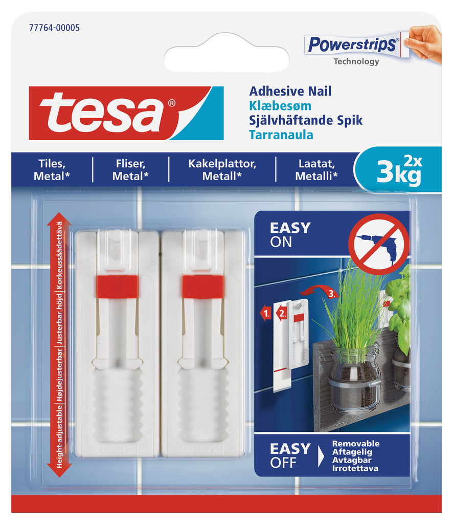tesa Adhesive Nail adjustable 3kg - Tiles 2 Hooks/ 3 Strips