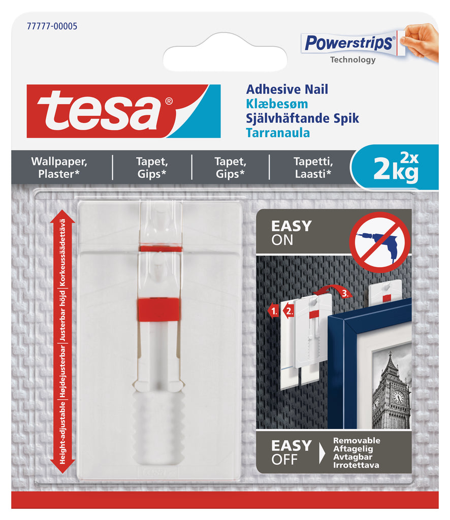 tesa Adhesive Nail adjustable 2kg - Sensitive Surface 2 Hooks/ 6 Strips