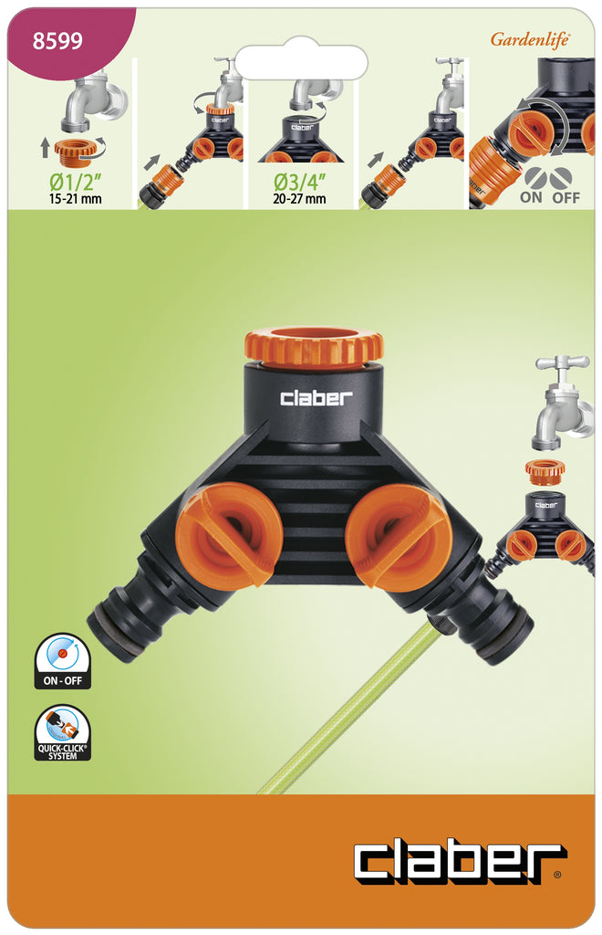 Claber 3/4" & 1/2" TAP TO TWO QUICK CLICK DISTRIBUTOR WITH VALVES