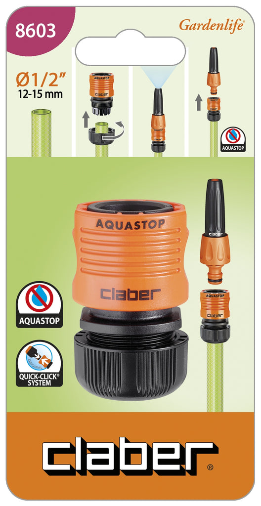Claber 1/2" CLICK CONNECTOR WITH AQUASTOP (CARDED)