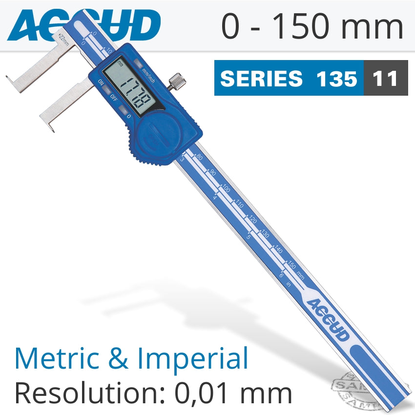 Accud DIG. CALIPER 22-150MM 0.04MM ACC. INSIDE NECK 0.01MM RES. S/STEEL