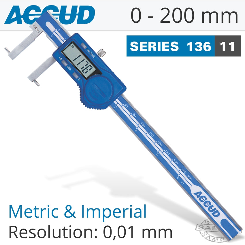 Accud DIG. CALIPER 25-200MM 0.04MM ACC. INSIDE POINT 0.01MM RES. S/STEEL