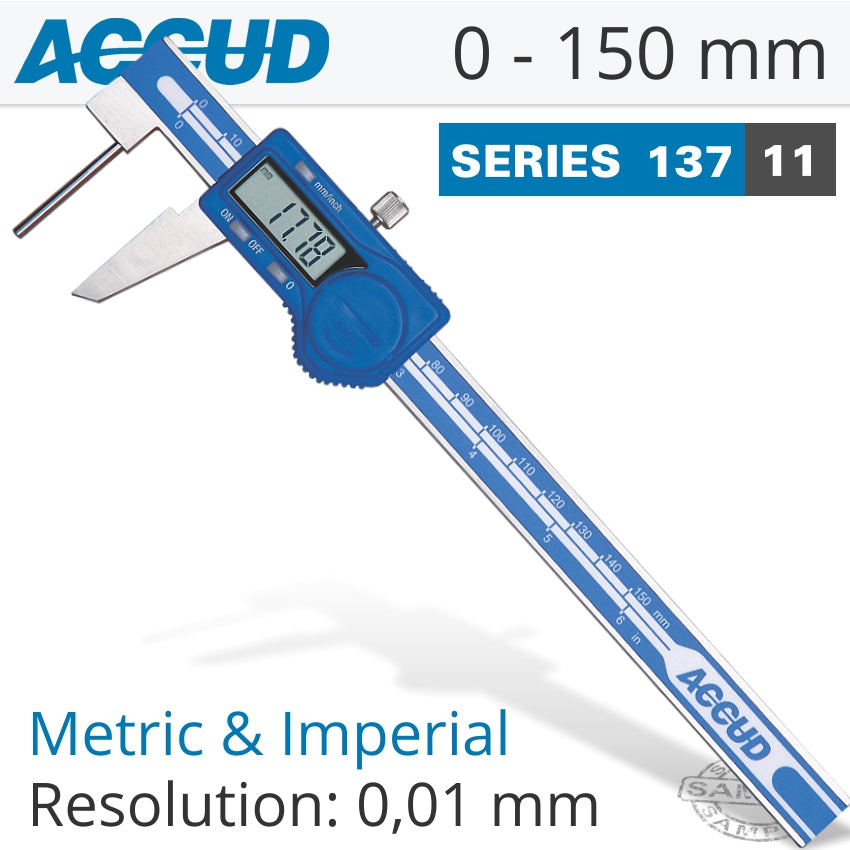 Accud DIG. TUBE THICKNESS CALIPER 150MM 0.05MM ACC. 0.01MM RES. S/STEEL