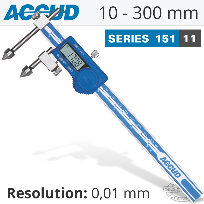 Accud DIG. CALIPER 10-300MM OFFSET CENTERLINE 0.09MM ACC. 0.01MM RES. S/STEE