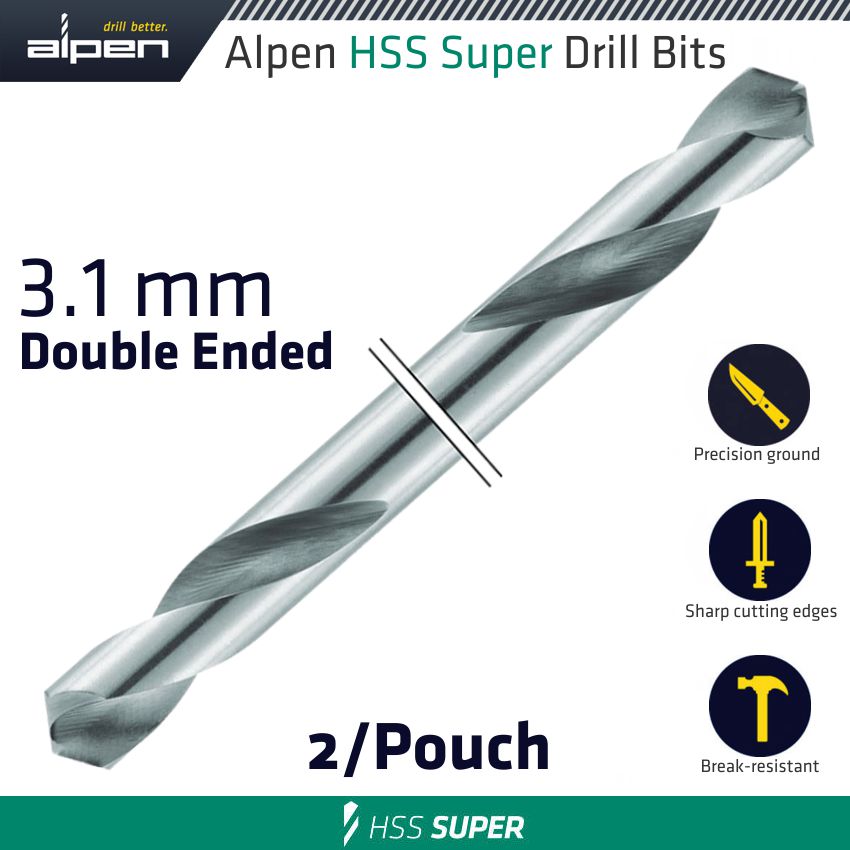 Alpen HSS SUPER DRILL BIT DOUBLE ENDED 3.1MM 2/POUCH