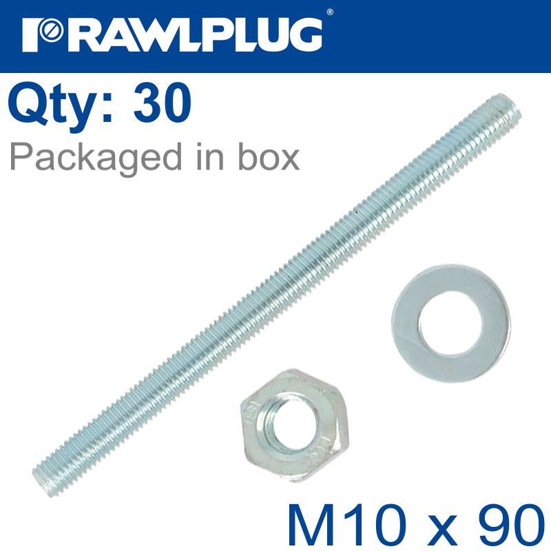 Rawlplug STUD M 10 X 90 X30 PER BOX 8.8 HDG WITH NUTS AND WASHERS