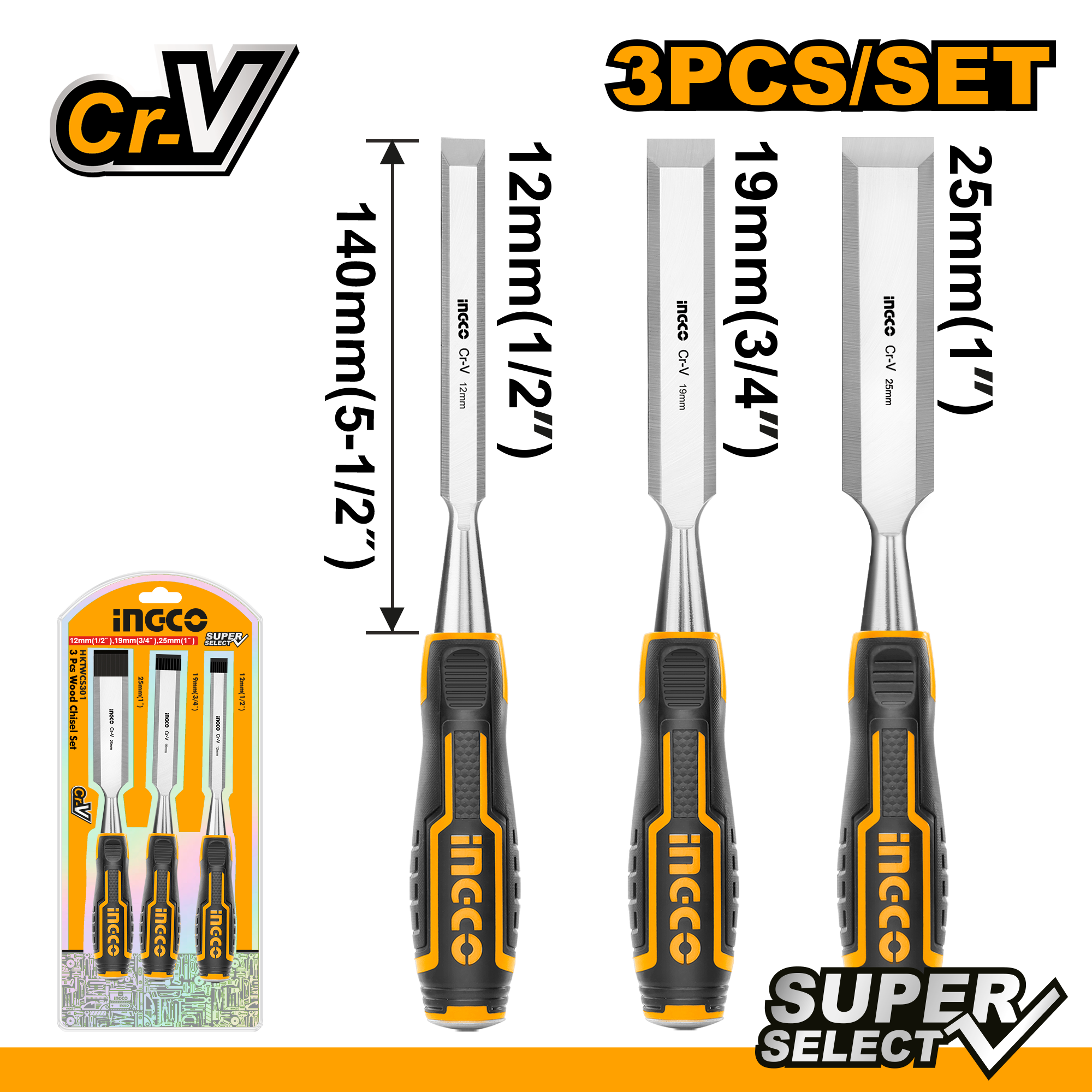 INGCO CHISEL WOOD SET 3PC